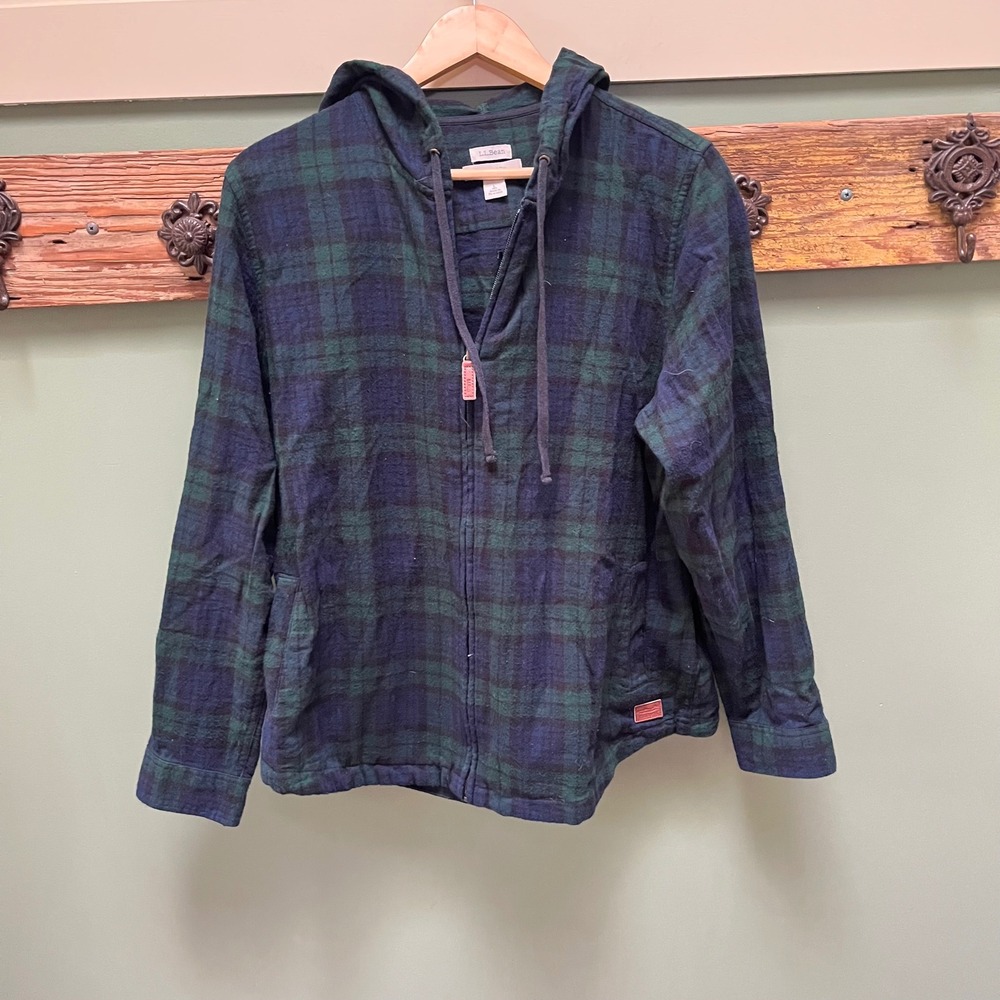 LL Bean Womens Large Relaxed Fit Black Watch Plaid Cotton Flannel Zip Up Hoodie